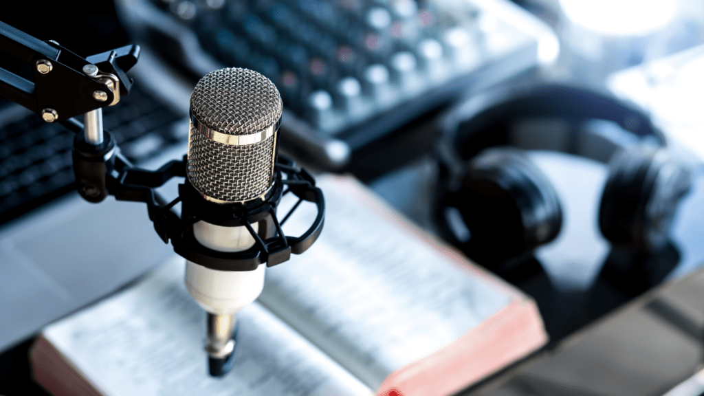 a close up of a microphone in a radio studio