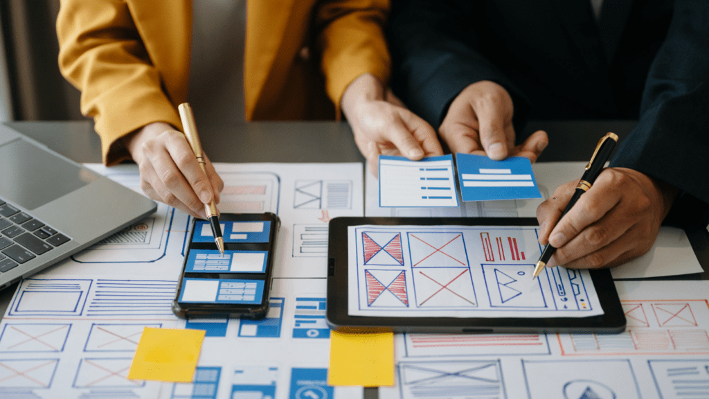 Two people working on a design project at a desk