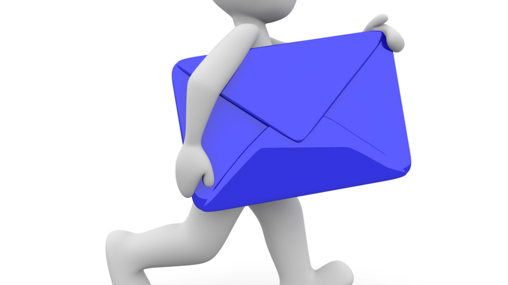 a 3d character carrying an envelope