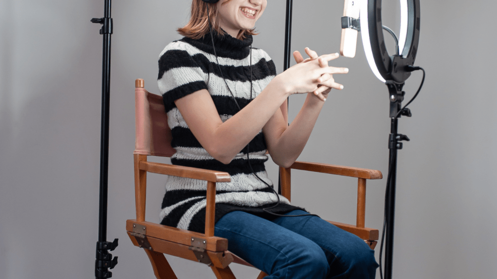 a person is sitting in front of a video camera