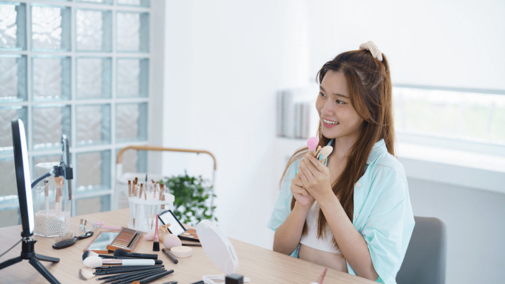 a person is smiling while sitting